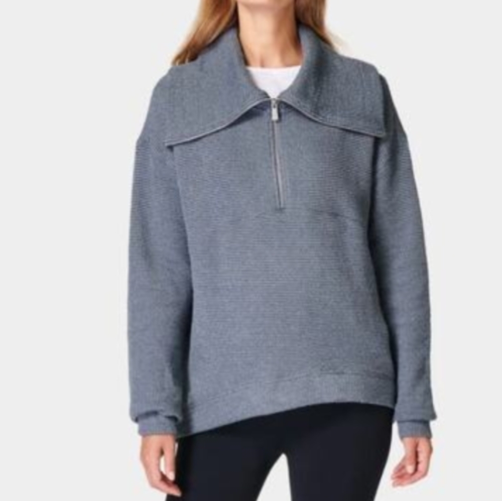 Sweaty Betty Restful Boucle Half Zip Sweater In Steel Blue Cotton Sz S